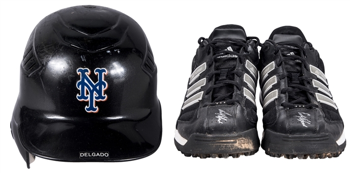 Lot of (2) Carlos Delgado Game Used New York Mets Batting Helmet & Adidas Cleats (signed) (Mets-Steiner & Beckett)